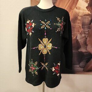 SHERIDAN SQUARE BLACK EMBELLISH SNOWFLAKES TUNIC SWEATER M Silk Angora